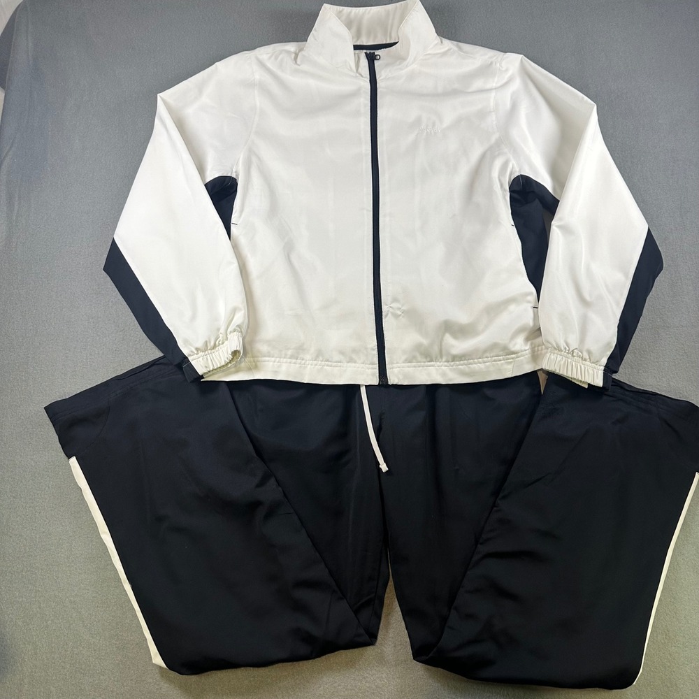 vintage Reebok Men Tracksuit Set Black White Full Zip Jacket and Pants Size LG